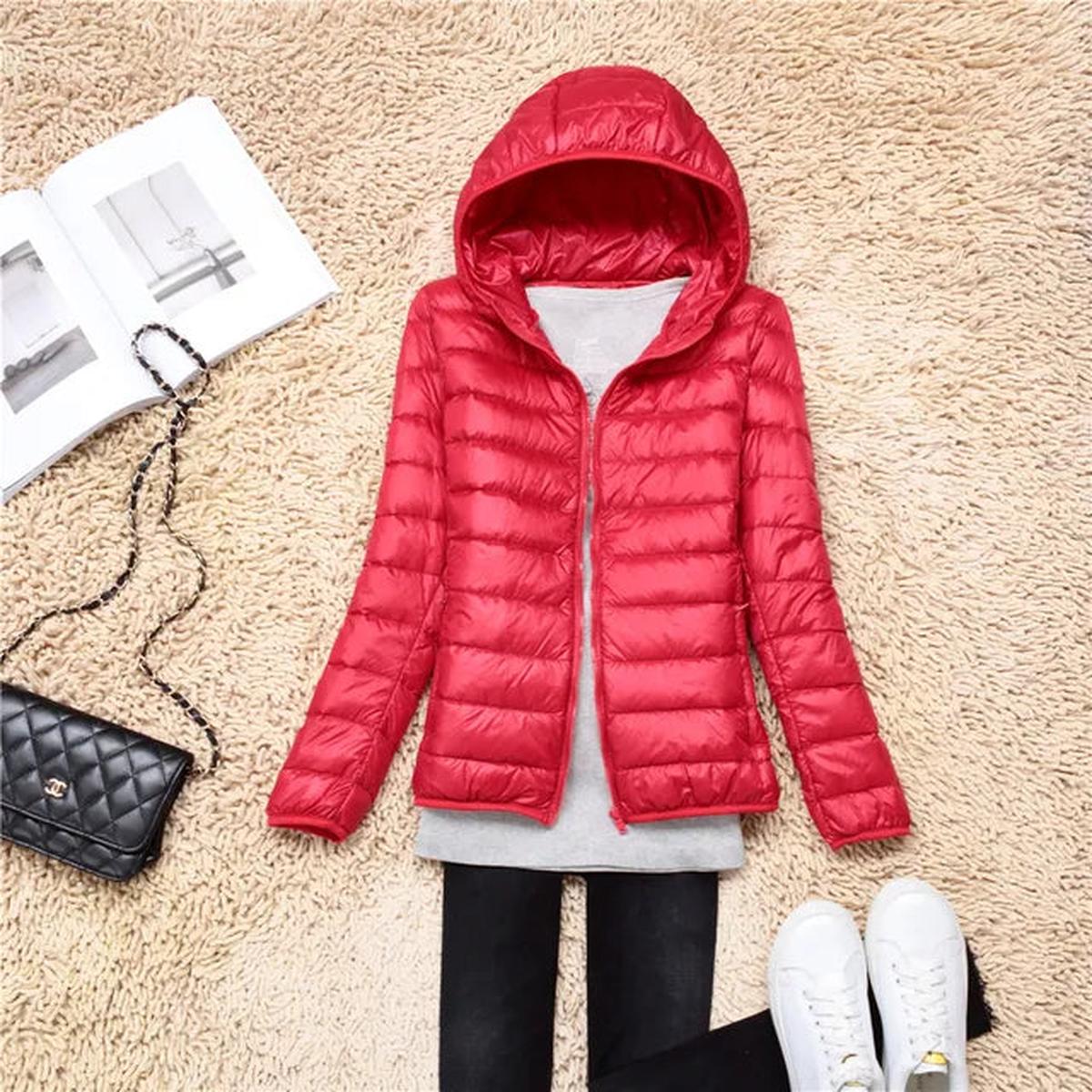 Red ultralight puffer down jacket with hood, full front zipper, long sleeves