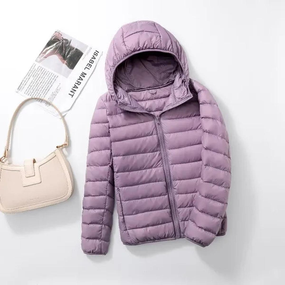 Hooded down jacket in lavender purple with full-zip front and quilted insulation baffles