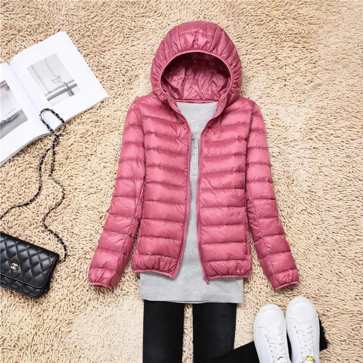 Hooded down jacket in hot pink with full-zip front and quilted insulation baffles