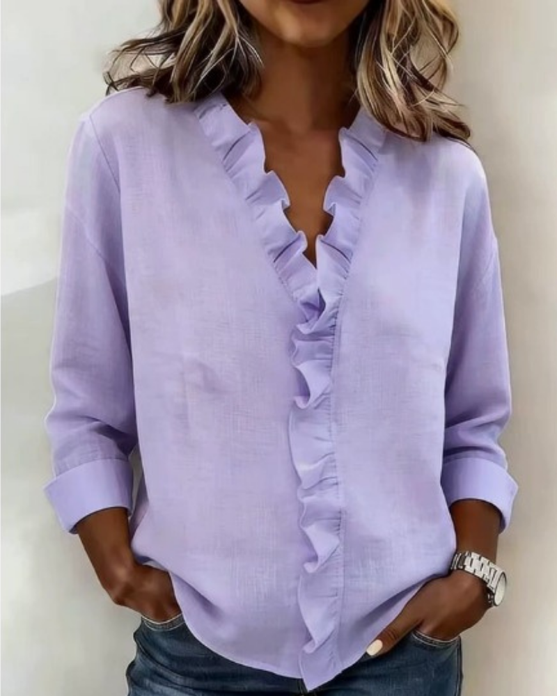 Light purple ruffle-trim V-neck long-sleeve blouse with button-front detail