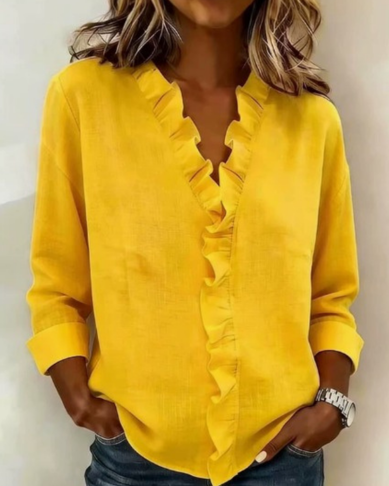 Yellow ruffle-trim V-neck long-sleeve blouse with button-front detail