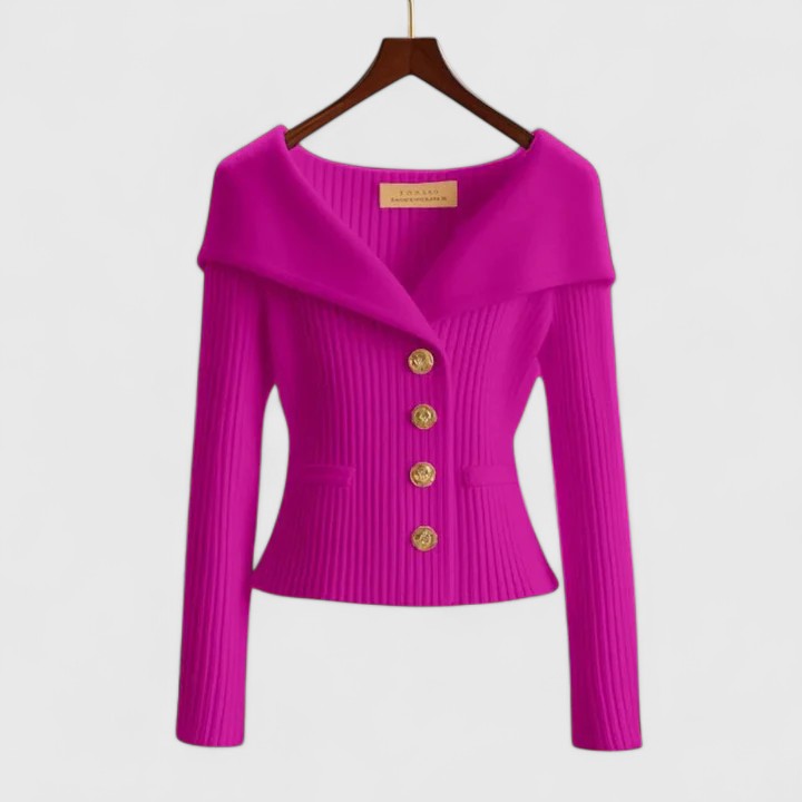 Pink ribbed cardigan with V-neck, long sleeves, and button front