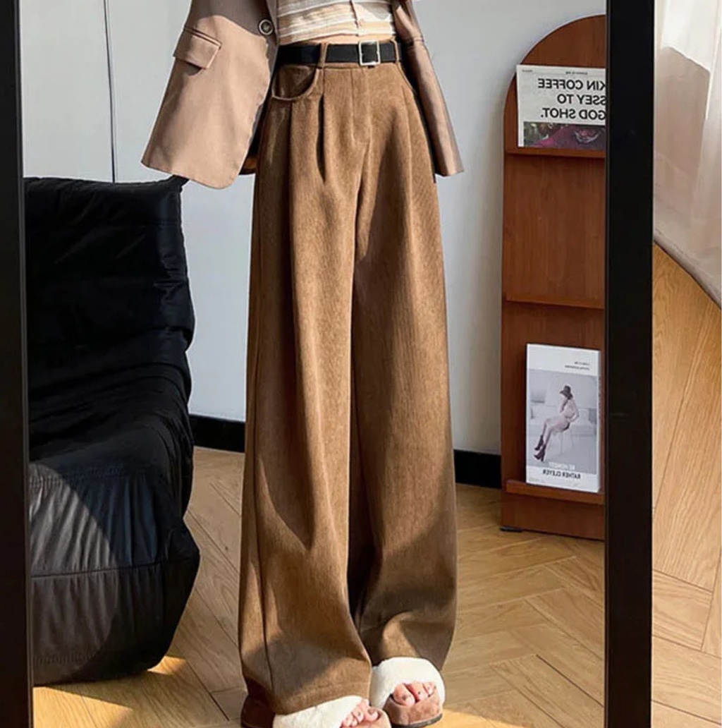 Brown corduroy wide-leg high-rise trousers with belt and relaxed straight legs