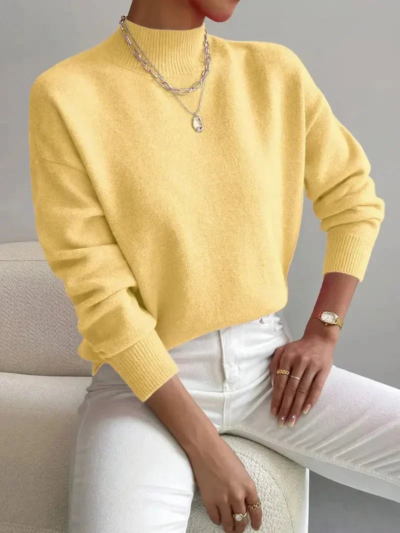 Women’s turtleneck knit sweater, mustard yellow with long sleeves