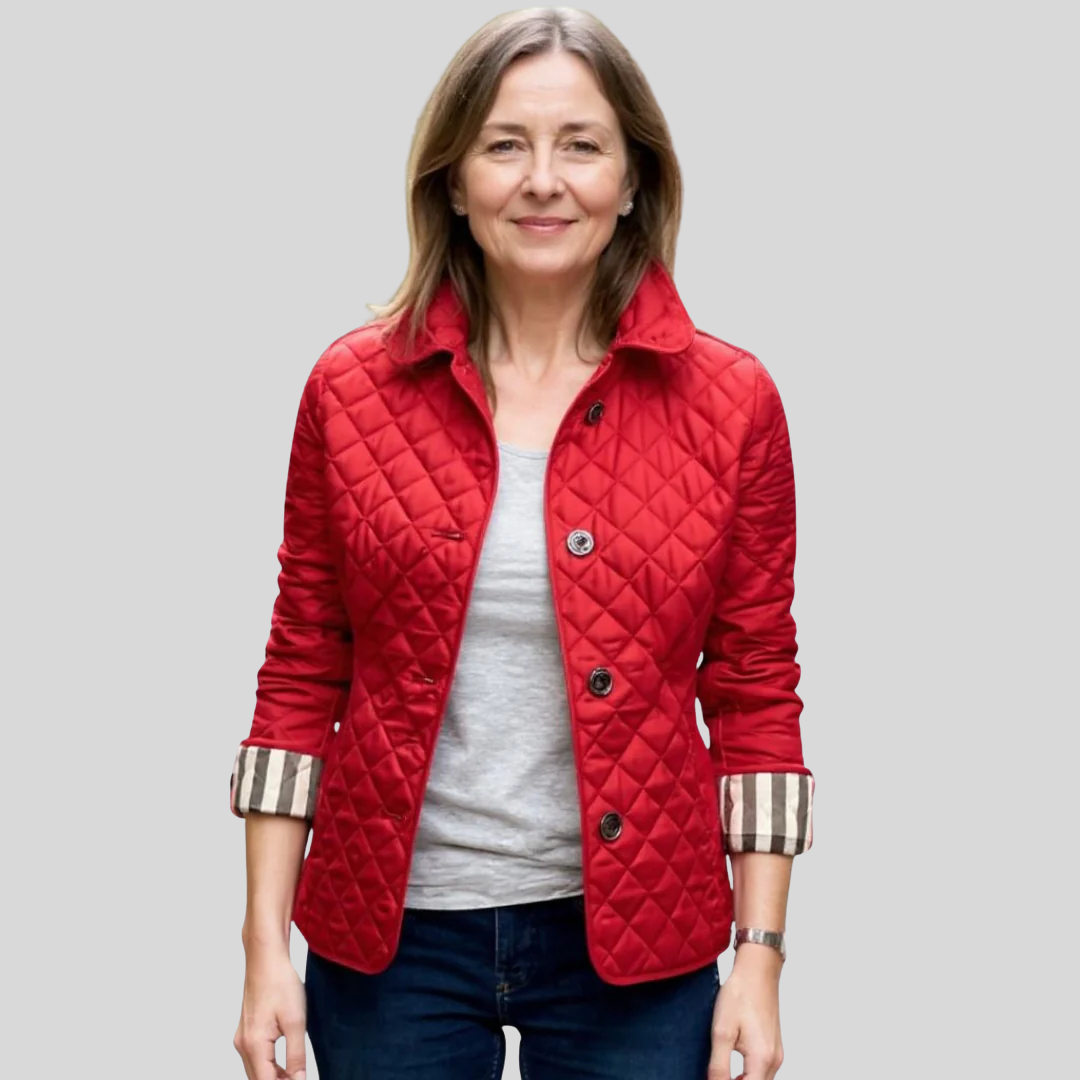 Women's quilted jacket with lapel collar, red, button-front and patch pockets