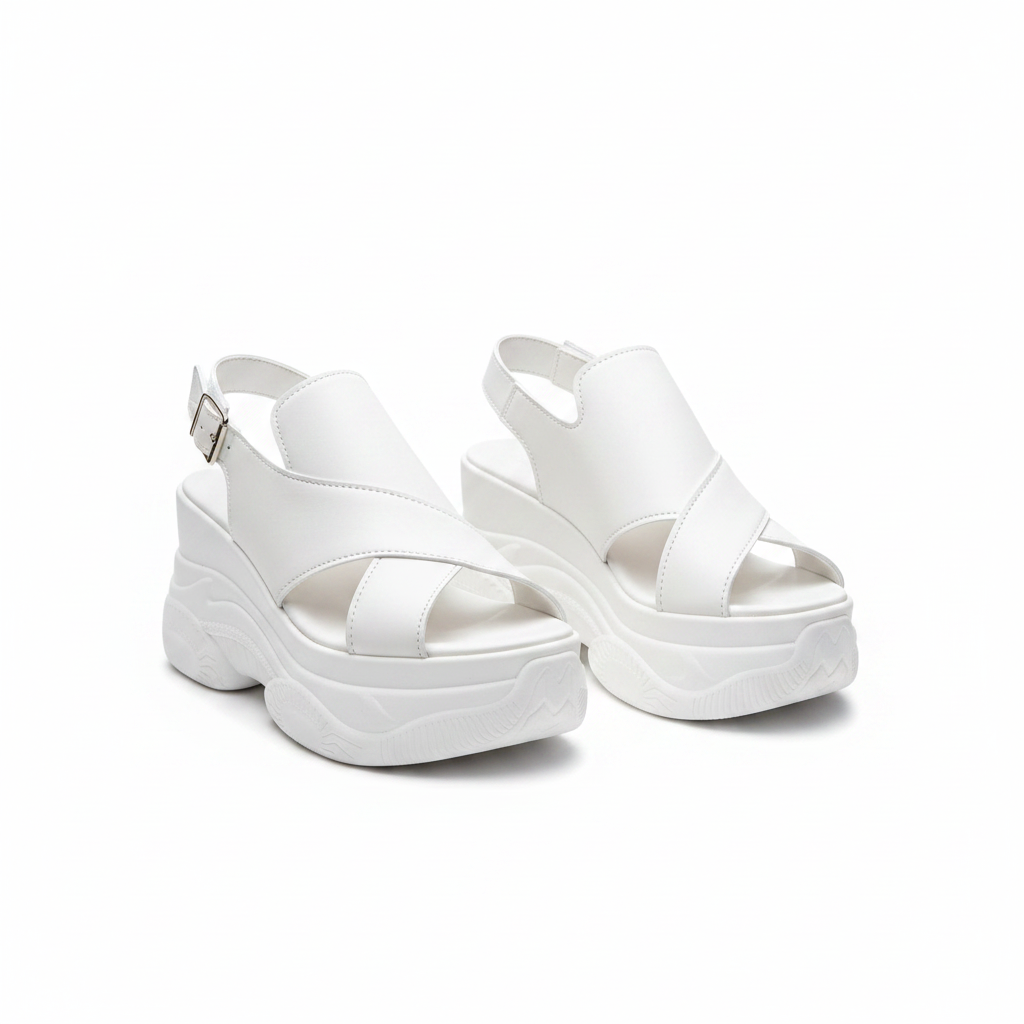 Valencia orthopedic chunky-sole sandals, white crisscross straps and open toe