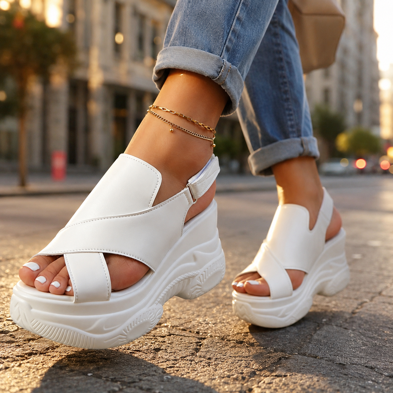 Valencia orthopedic chunky-sole sandals, white cross straps with open toe detail
