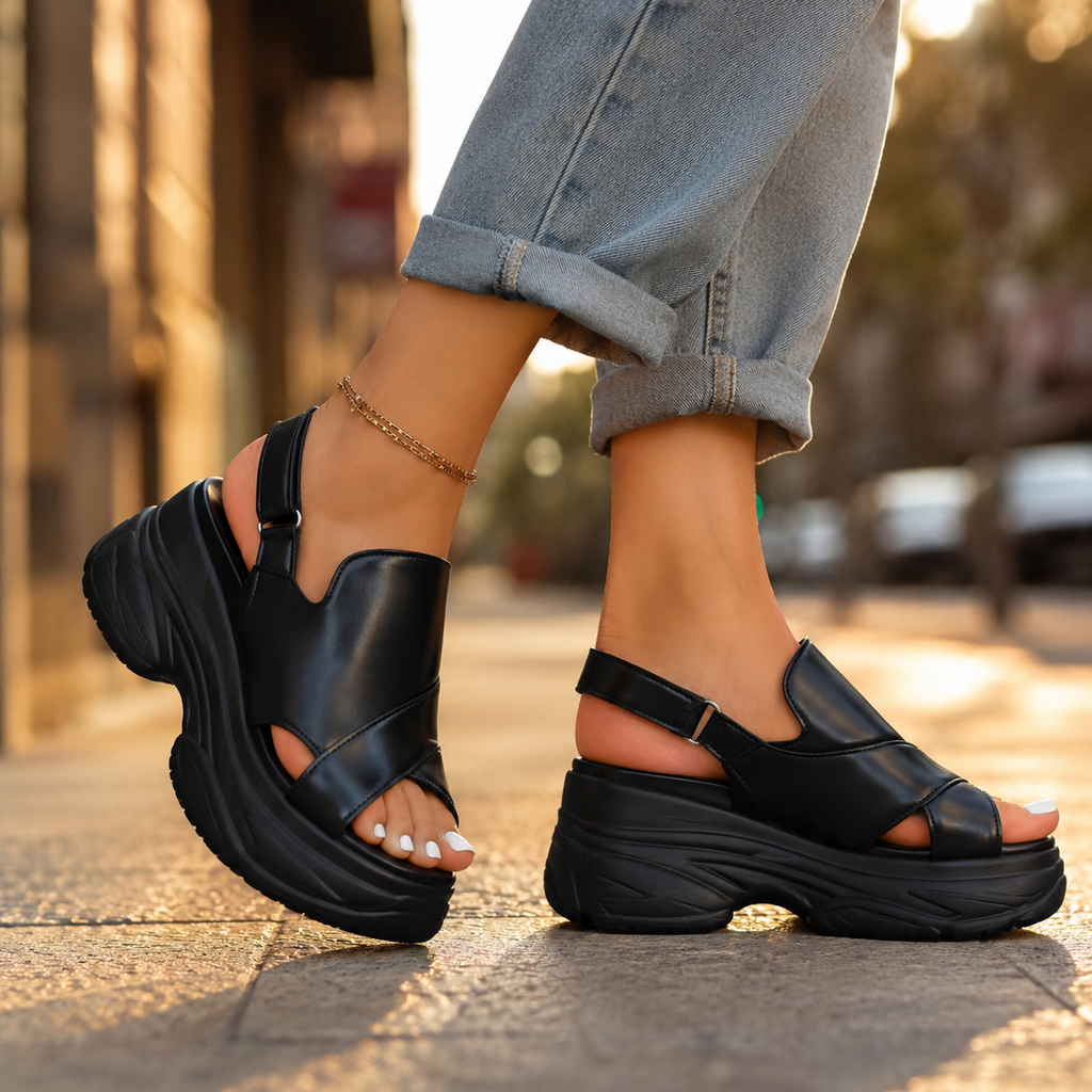 Valencia orthopedic chunky-sole sandals, black open toe with crisscross straps