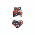 Women's sport bikini set with blue abstract print, high-neck sports bra and matching bottoms