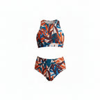 Women's sport bikini set with blue abstract print, high-neck sports bra and matching bottoms