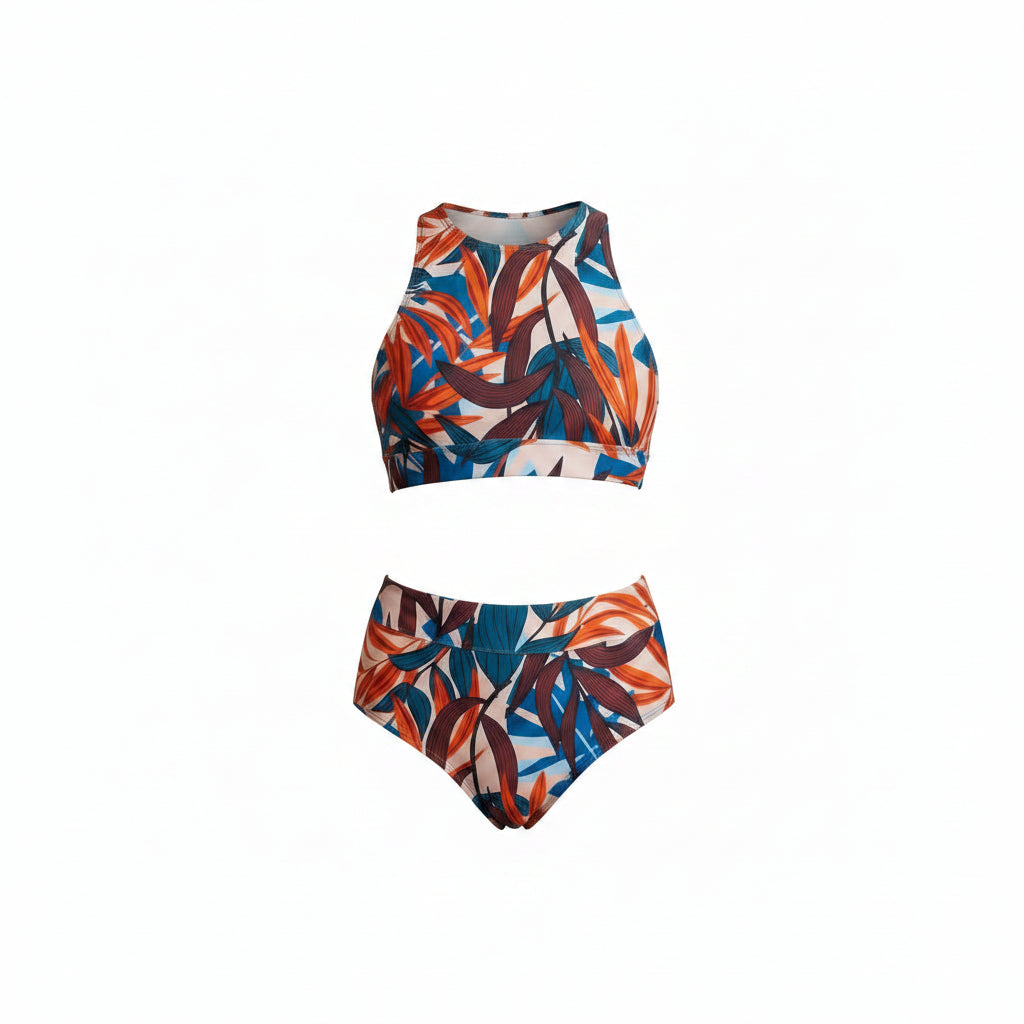 Women's sport bikini set with blue abstract print, high-neck sports bra and matching bottoms