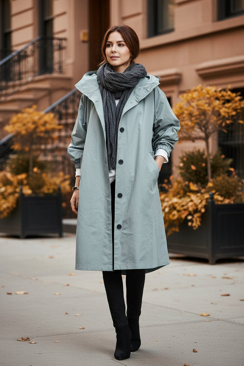 Grey womens waterproof raincoat with oversized hood, button front, and gathered sleeves
