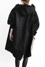 Black womens waterproof raincoat with oversized back hood and long sleeves