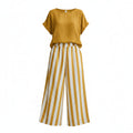 Yellow linen summer set with short-sleeve blouse and striped wide-leg pants