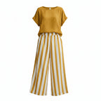 Yellow linen summer set with short-sleeve blouse and striped wide-leg pants
