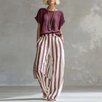 Burgundy linen summer set with short-sleeve blouse and burgundy-striped wide-leg pants