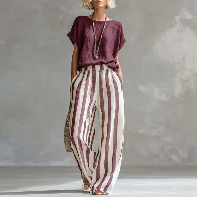 Burgundy linen summer set with short-sleeve blouse and burgundy-striped wide-leg pants