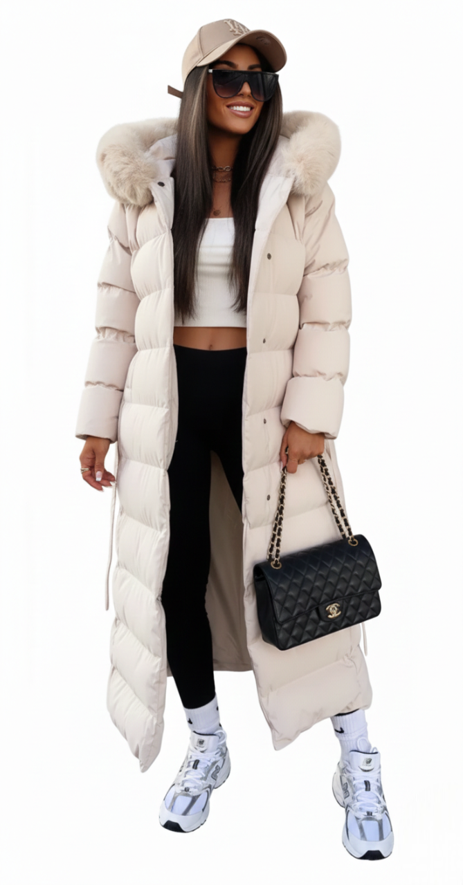 Women’s long cream puffer coat with faux fur collar, zip front, and belt