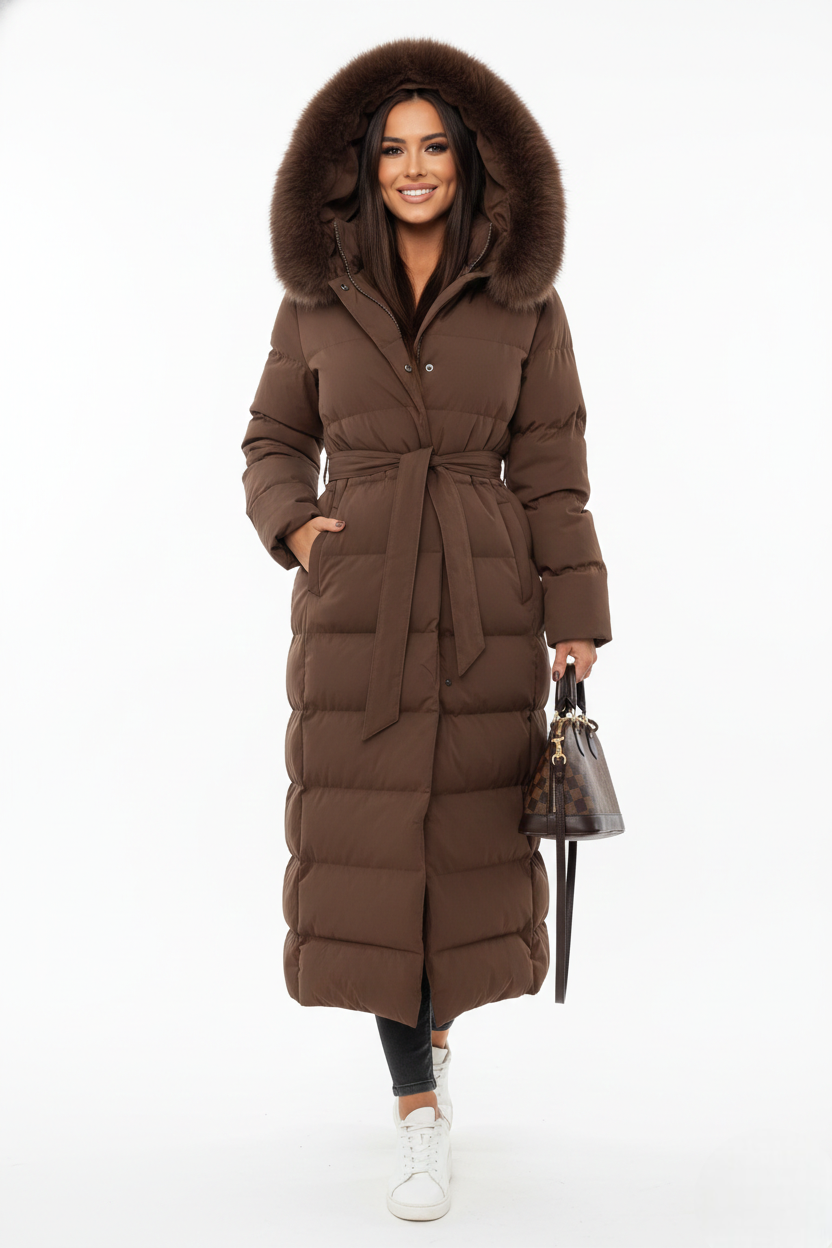 Women’s long brown puffer coat with oversized faux fur hood and tied waist belt