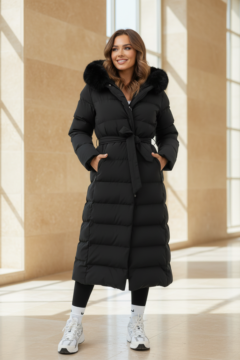 Women’s long black puffer coat with faux fur hood trim and tied waist belt