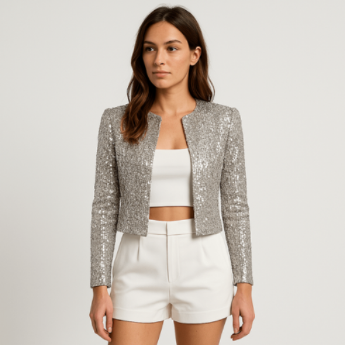 Silver sequin cropped blazer jacket with open front and long sleeves, front view