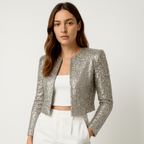 Silver sequin cropped blazer jacket for women, open front, long sleeves