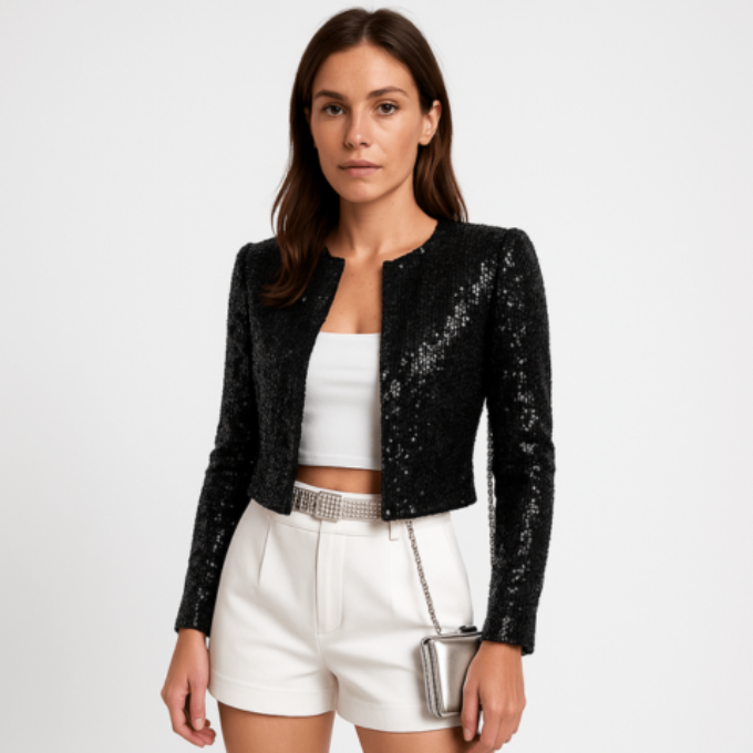 Black sequin cropped blazer jacket with open front and long sleeves, styled with white shorts