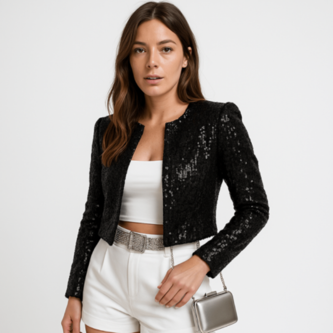 Black sequin cropped blazer with open front and long sleeves, styled with white shorts