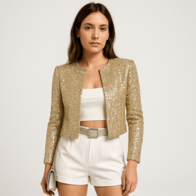 Gold sequin cropped blazer with open front and long sleeves, styled with white high-rise shorts
