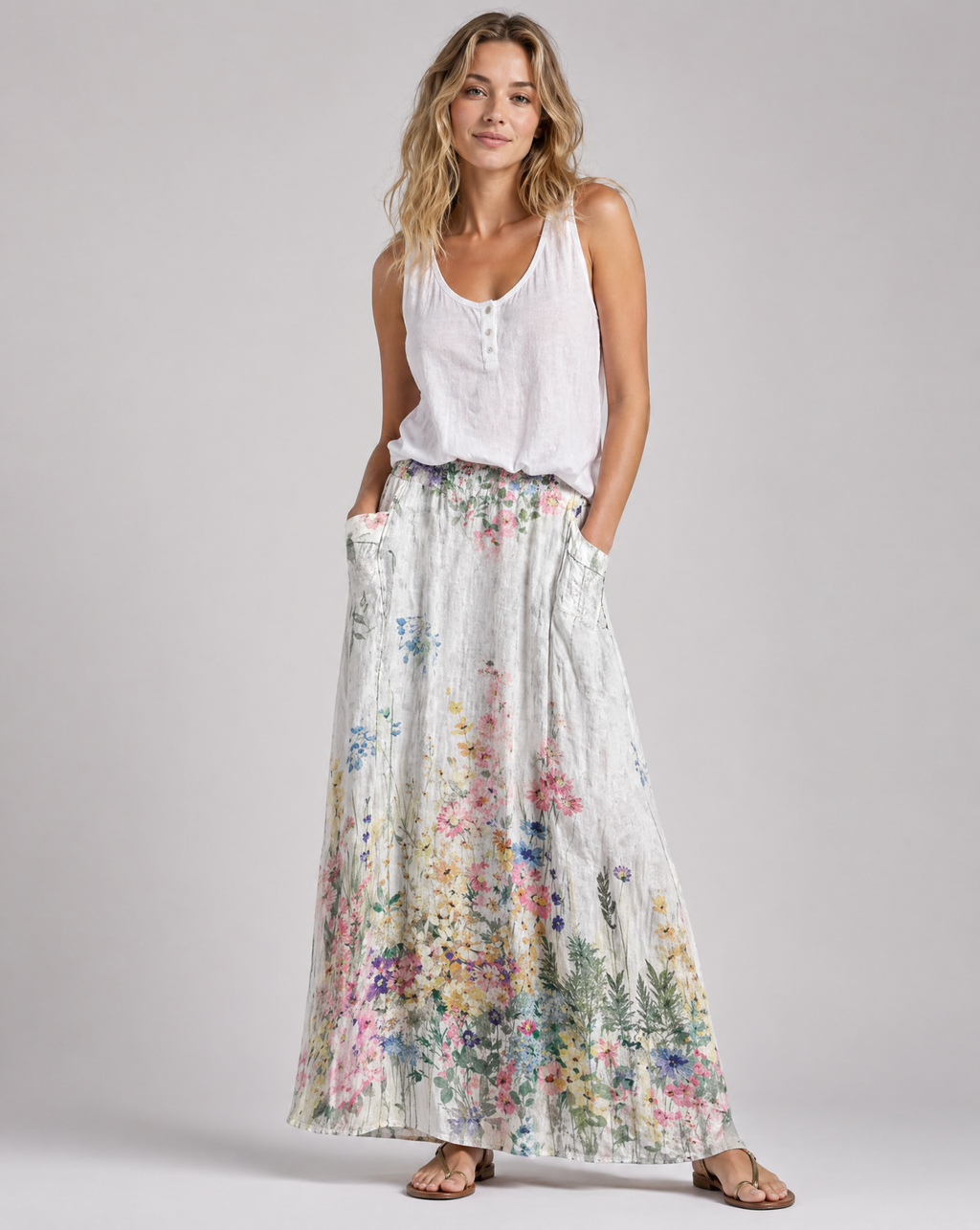 Botanical floral A-line skirt with elastic waistband, light white base