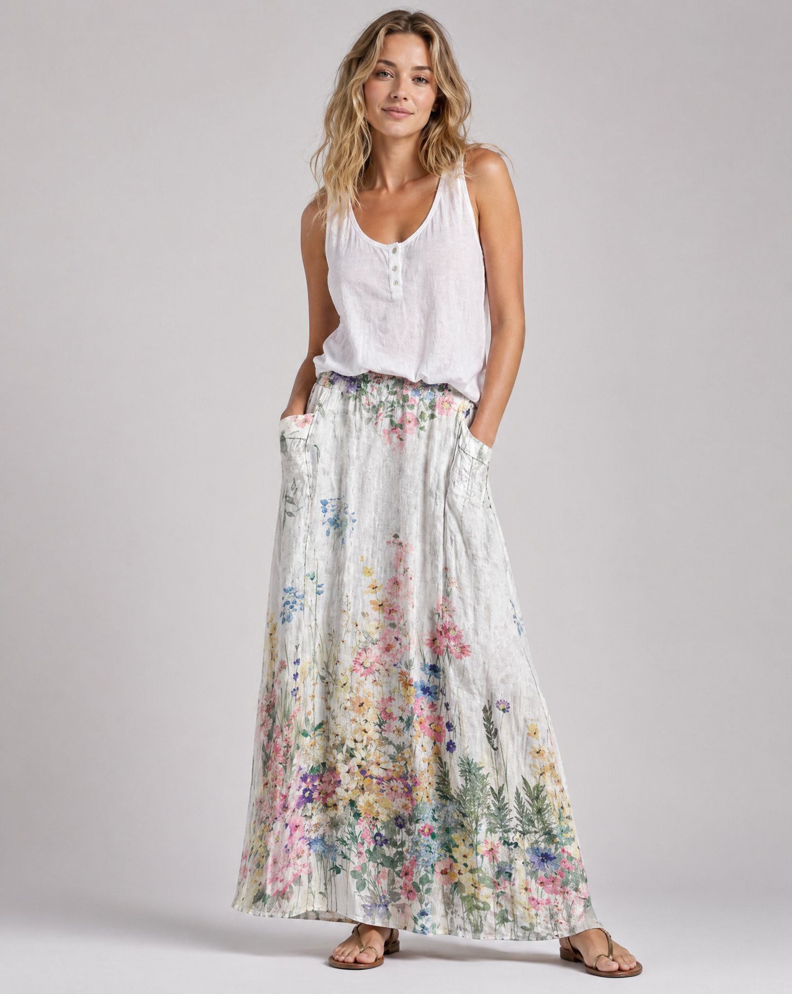 Botanical floral A-line skirt with elastic waistband, light white base