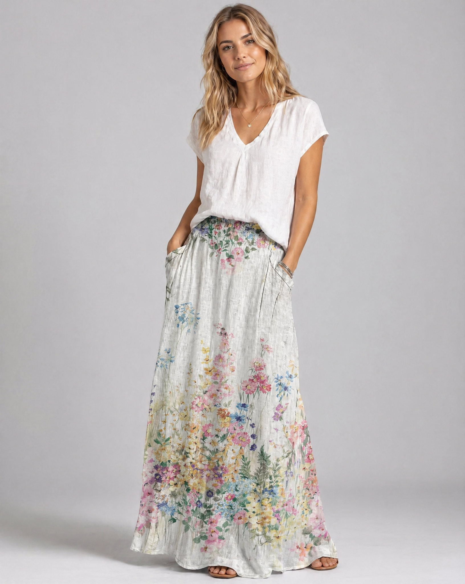 Floral maxi A-line skirt with elastic waist, white base with colorful botanicals