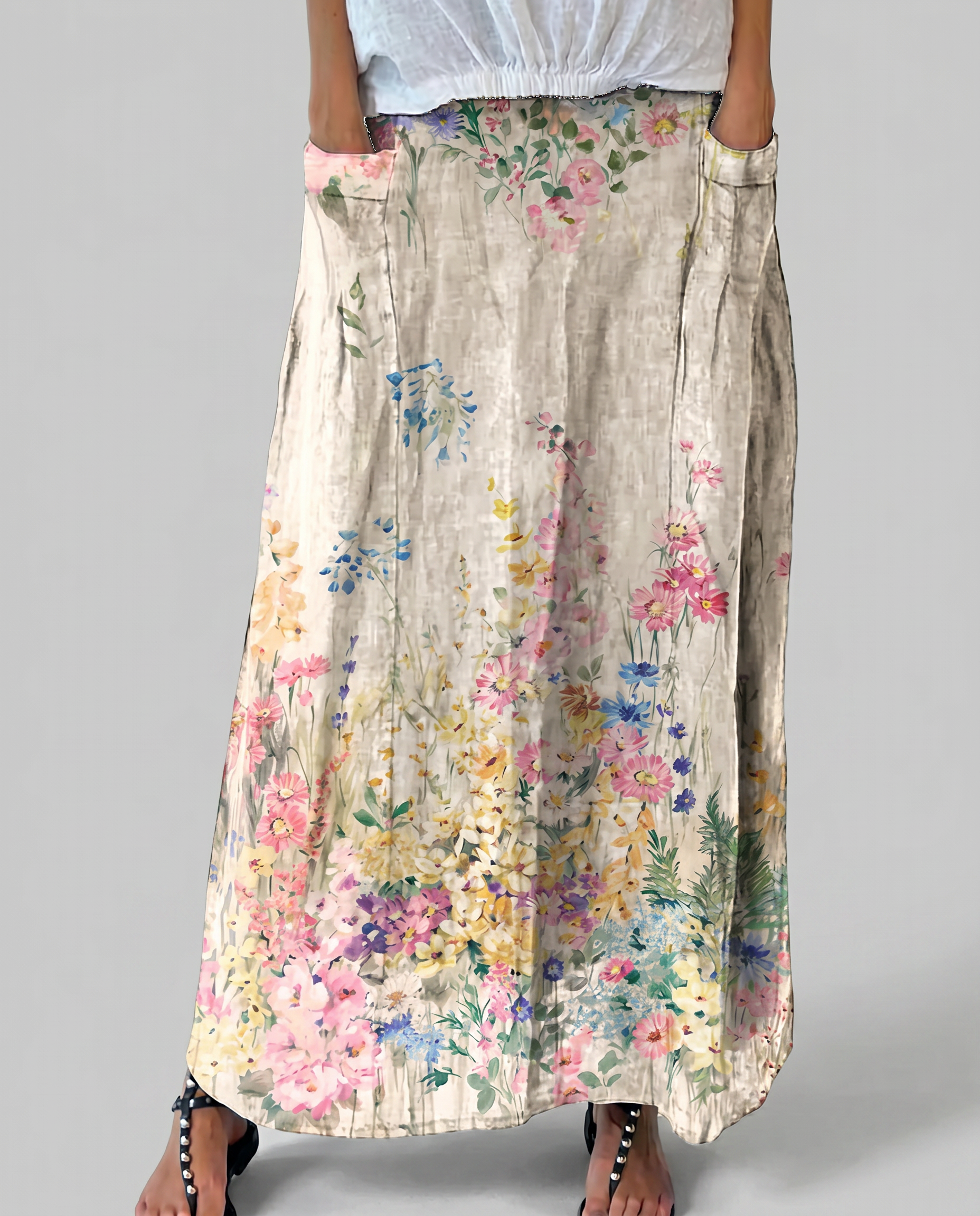 Floral A-line maxi skirt, gathered elastic waist and multicolor botanical print