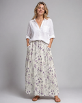 Floral print A-line pocket skirt with gathered waistband, light base and purple flowers