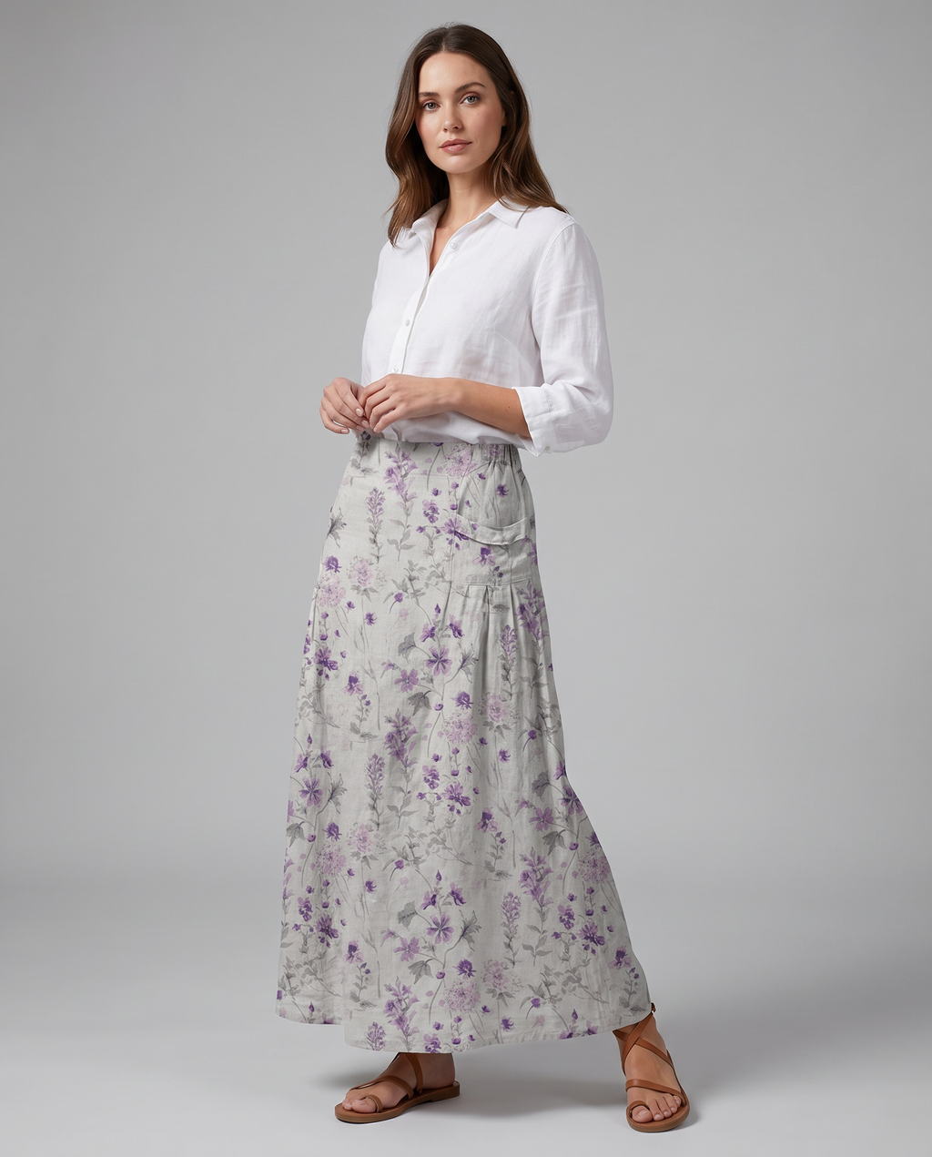 Floral print A-line pocket skirt with gathered waistband, purple blossoms on light fabric