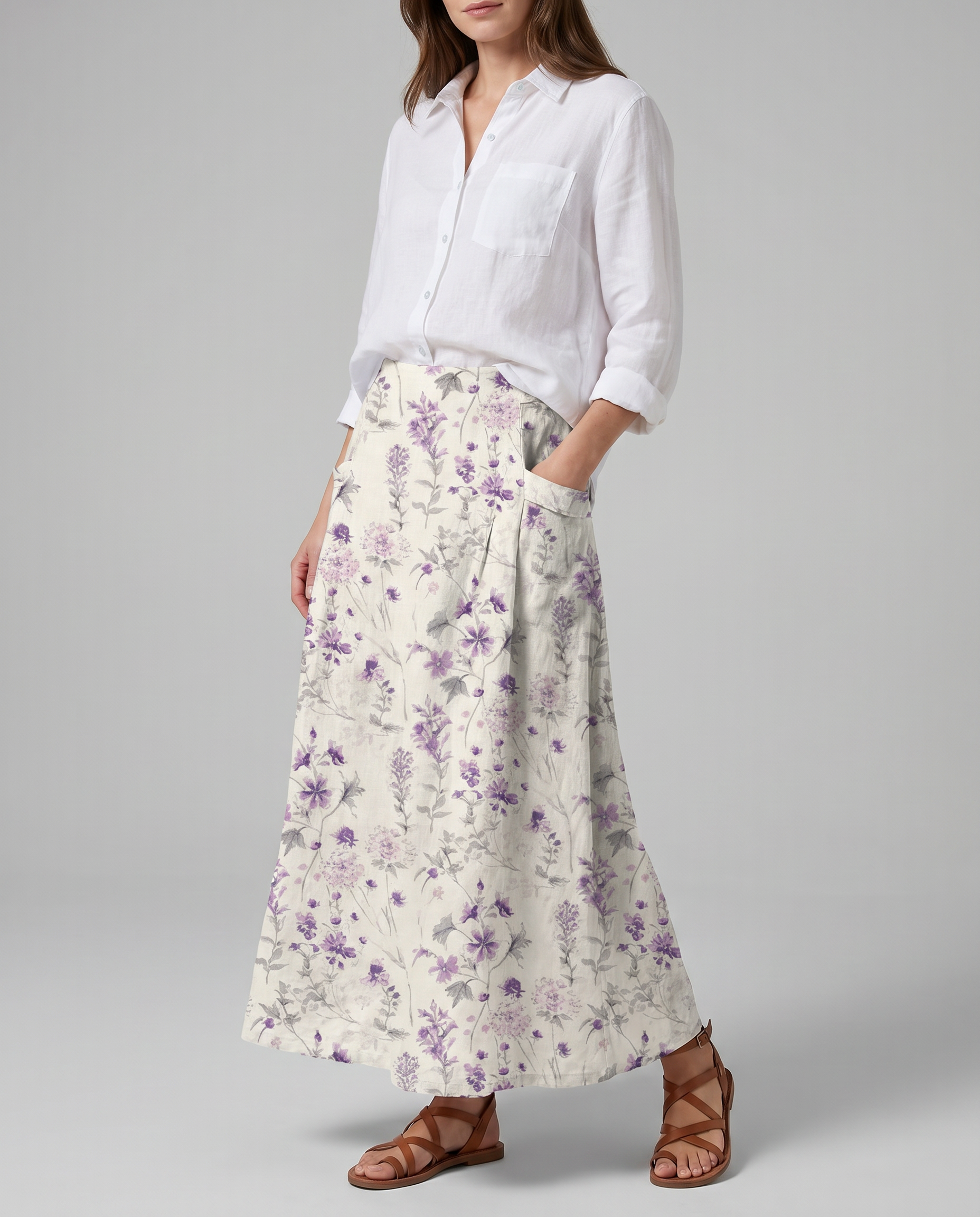 Floral print A-line pocket skirt with gathered waist, side pockets and purple flower pattern