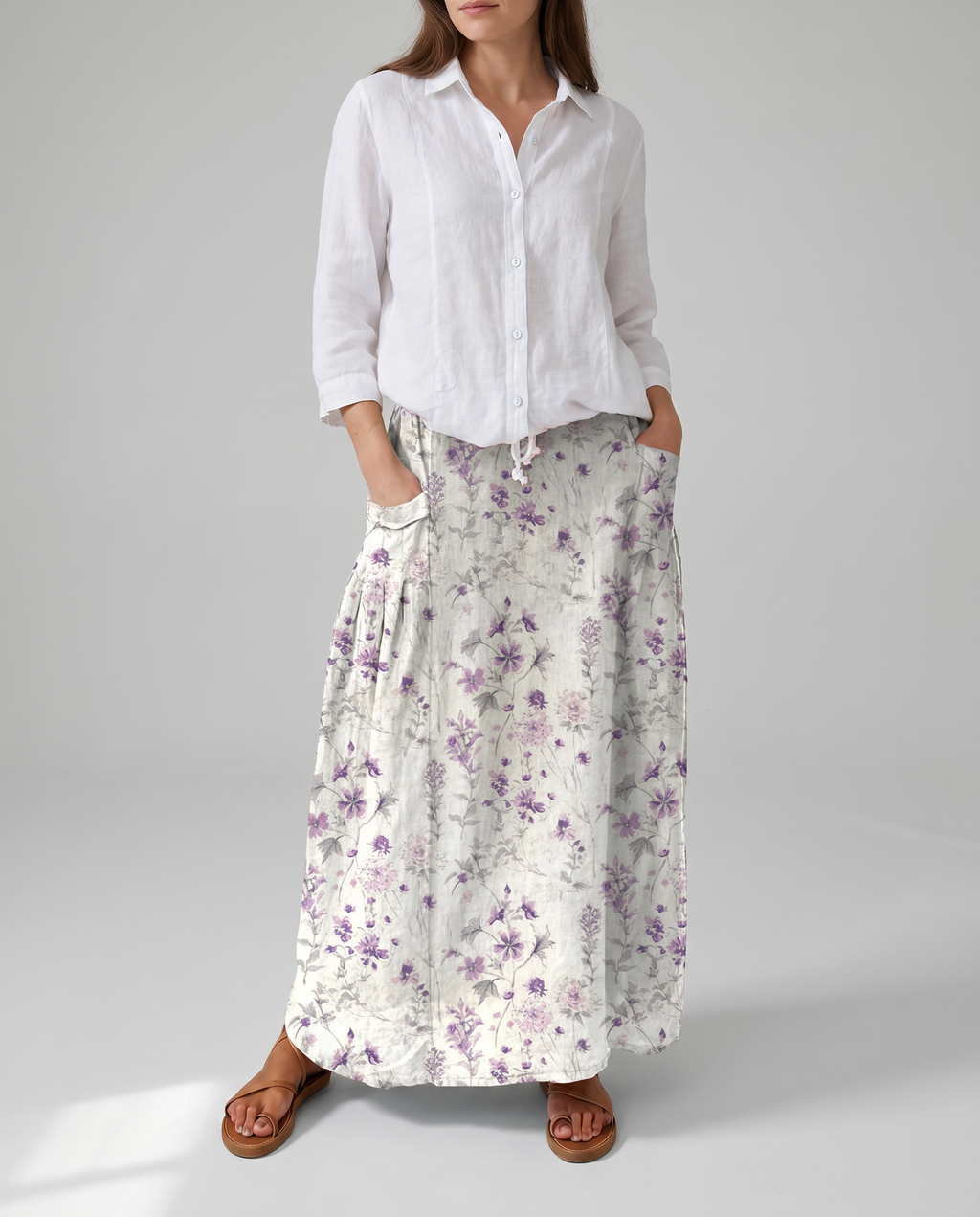 Floral print A-line pocket skirt with gathered waistband, long tiered look and purple flowers