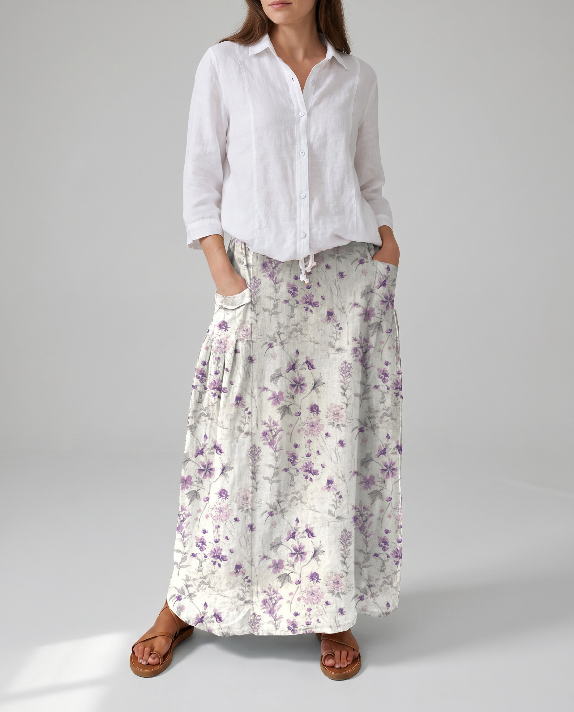 Floral print A-line pocket skirt with gathered waistband, long tiered look and purple flowers