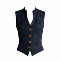 Women's blue striped henley tank top with V-neck and gold button placket