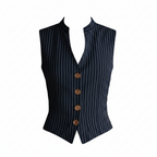 Women's blue striped henley tank top with V-neck and gold button placket