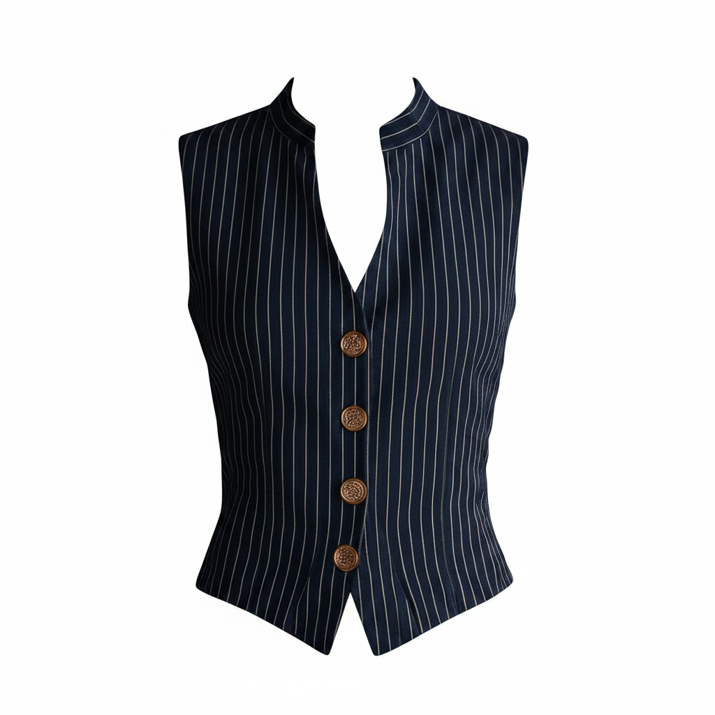 Women's blue striped henley tank top with V-neck and gold button placket