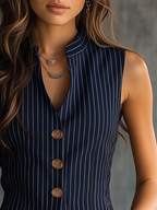 Women's blue striped henley tank top front upper, V-neck and gold buttons at placket