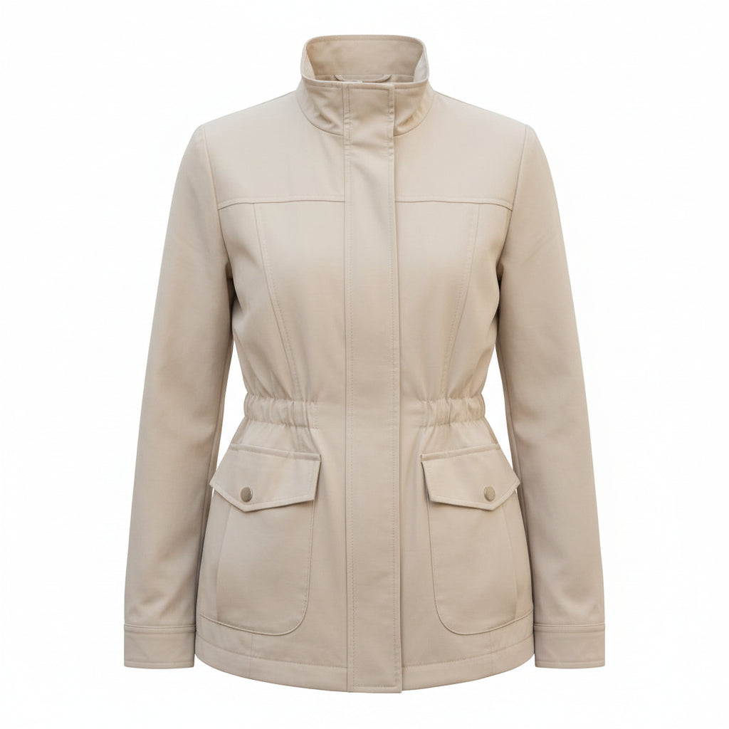 Women’s beige zip-front utility jacket with stand collar, patch pockets, and drawstring hem