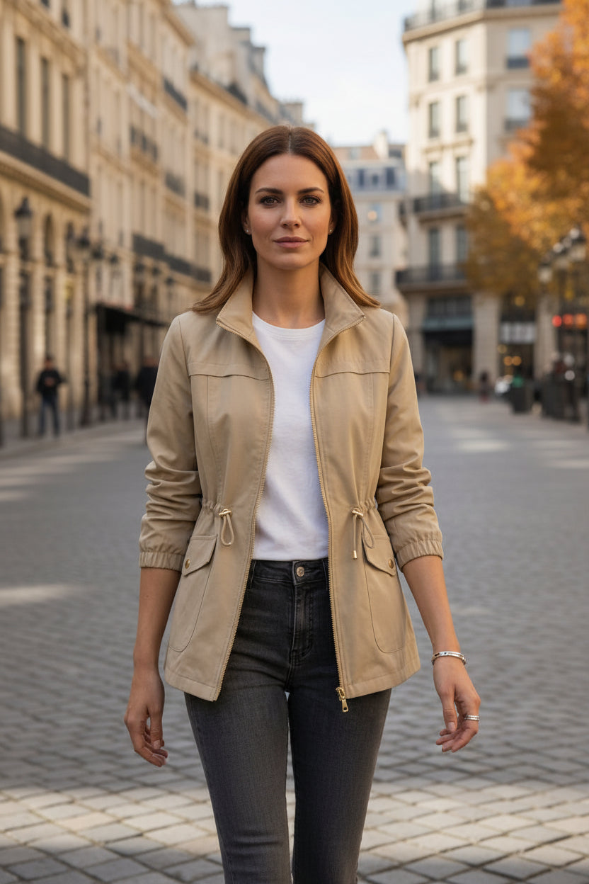 Women’s tan zip-front utility jacket with stand collar, drawstring waist, and front pockets