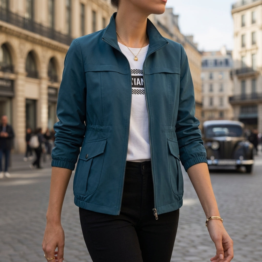 Women’s teal zip-front jacket with stand collar, flap pockets, and adjustable drawstring waist