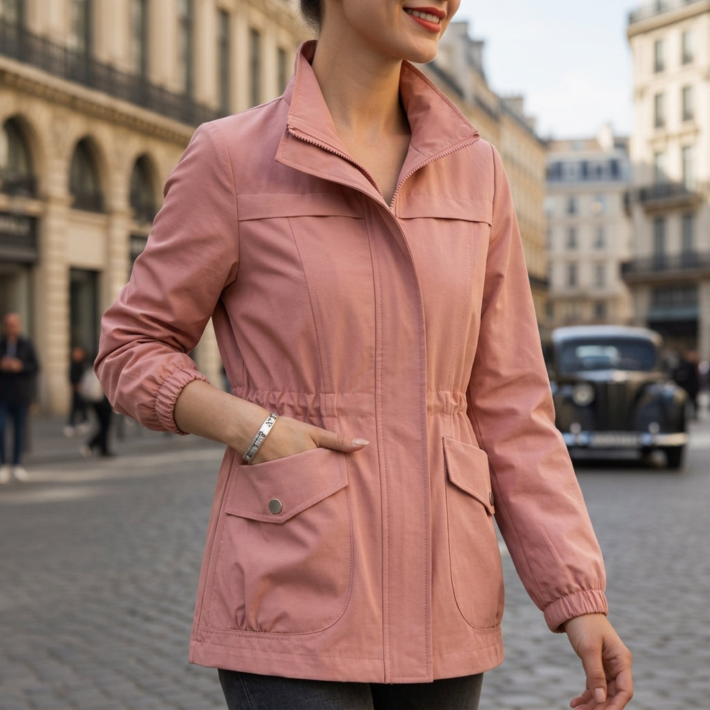 Women’s pink zip-front utility jacket with stand collar, buttoned pockets, and drawstring hem