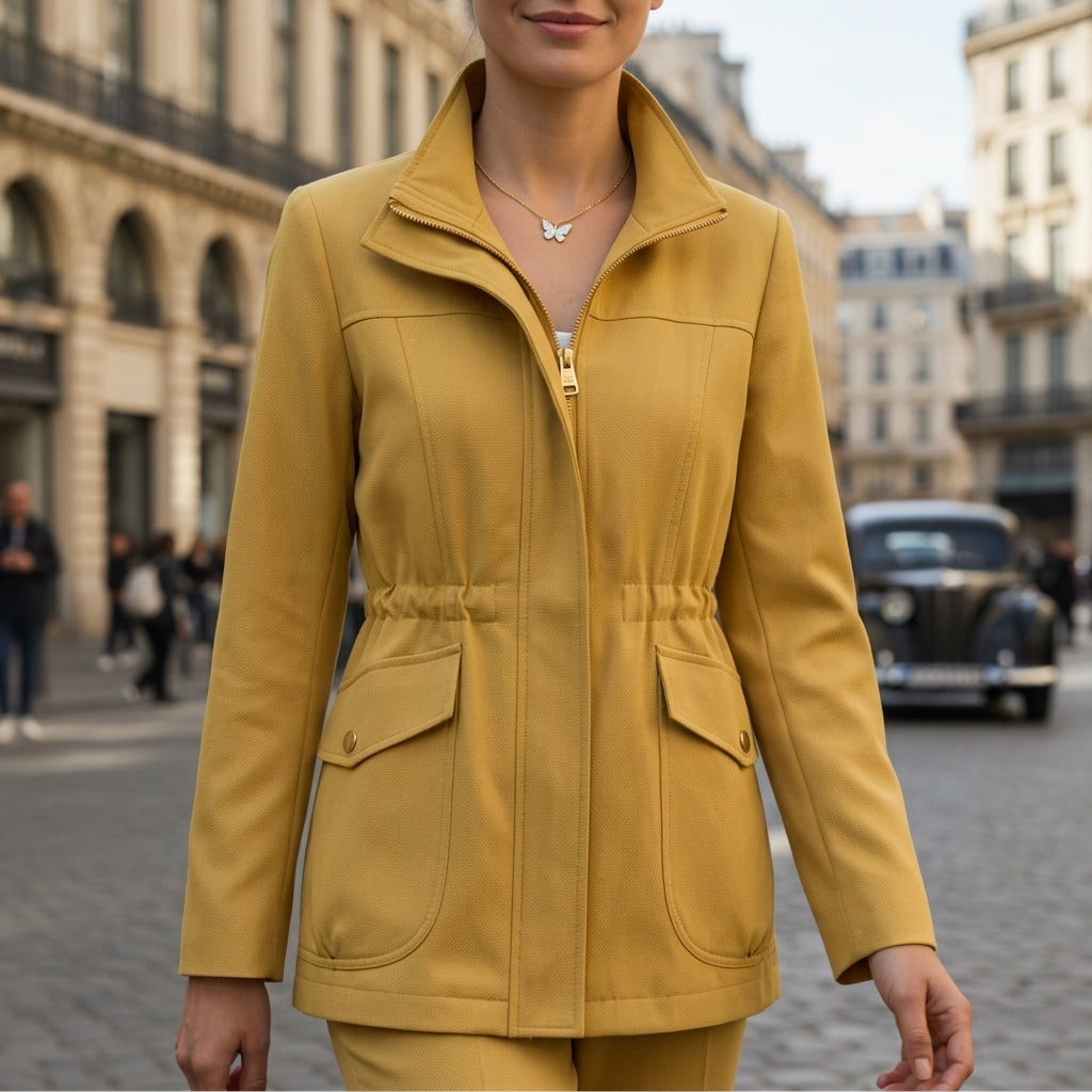Women’s yellow zip-front utility jacket with stand collar, flap pockets, and drawstring waist