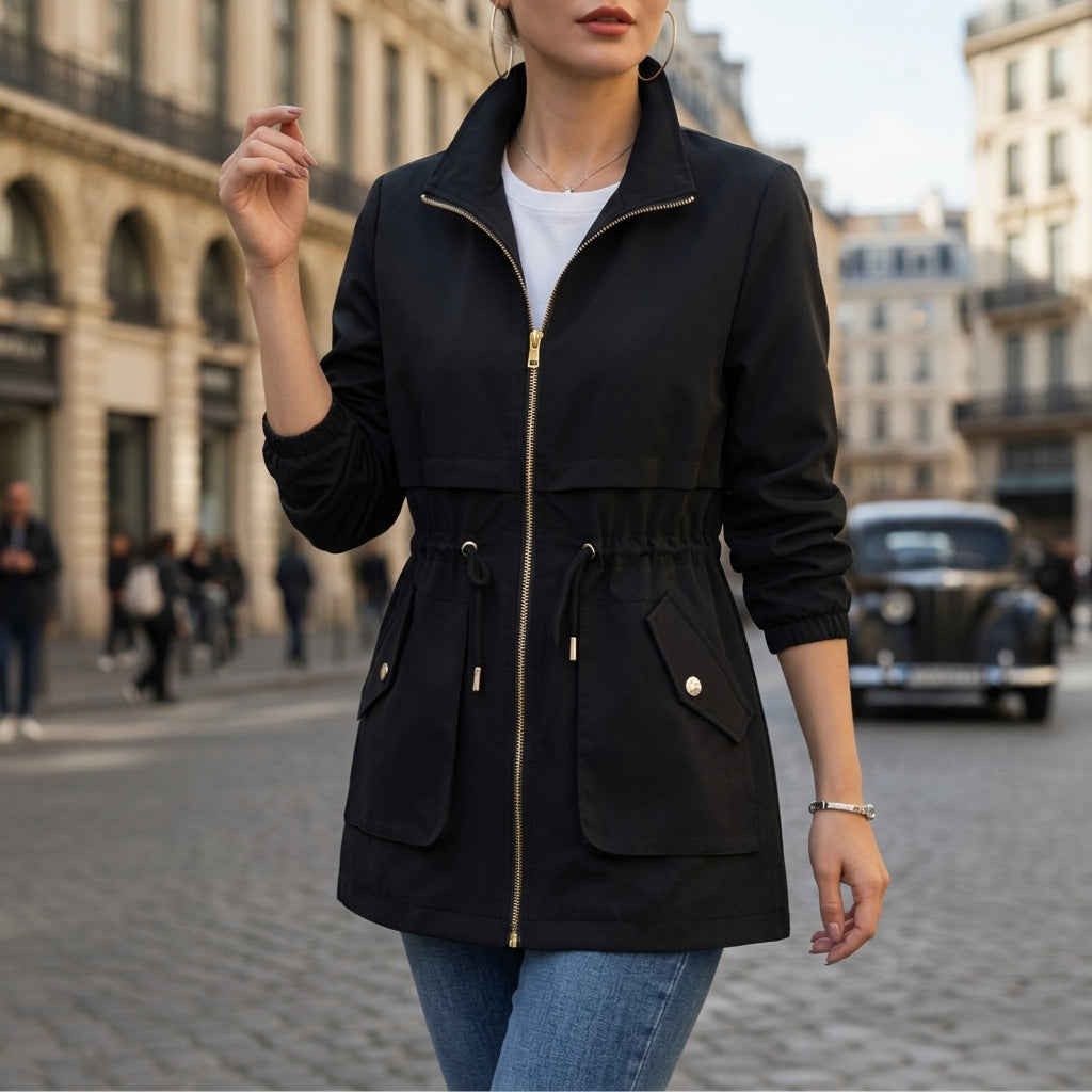 Women’s black zip-front jacket with stand collar, drawstring waist, and multiple cargo pockets