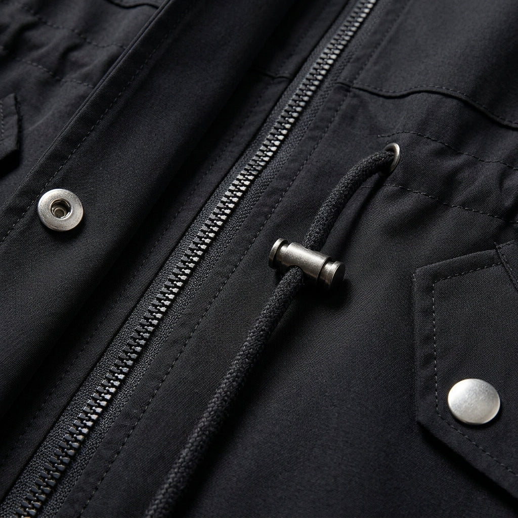 Black zip jacket close-up with metal zipper pull and snap button placket detail