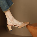 Beige leather slingback pump with ankle strap and block heel